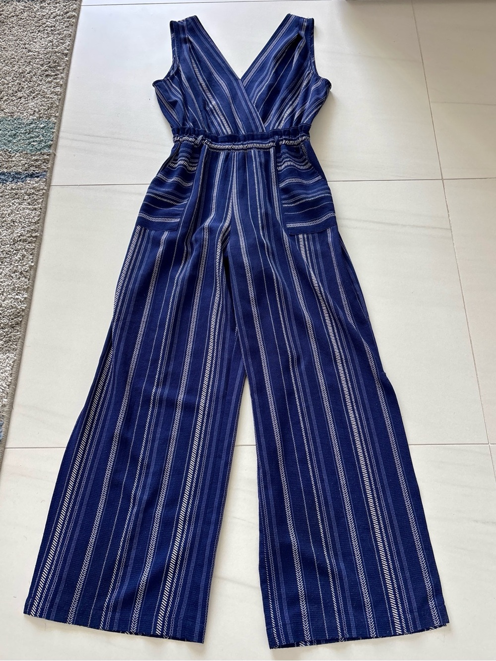 Monteau Navy Striped Wide-Leg Jumpsuit